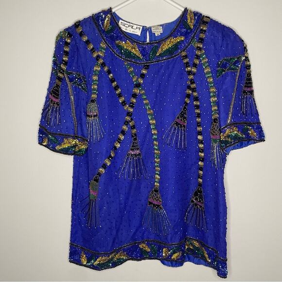 Scala Vintage Beaded Silk Royal Blue Top Size M - Picture 1 of 5